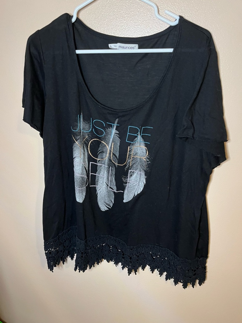 Maurices Black Scoop-Neck Graphic Tee with Feather Print & Crochet Hem